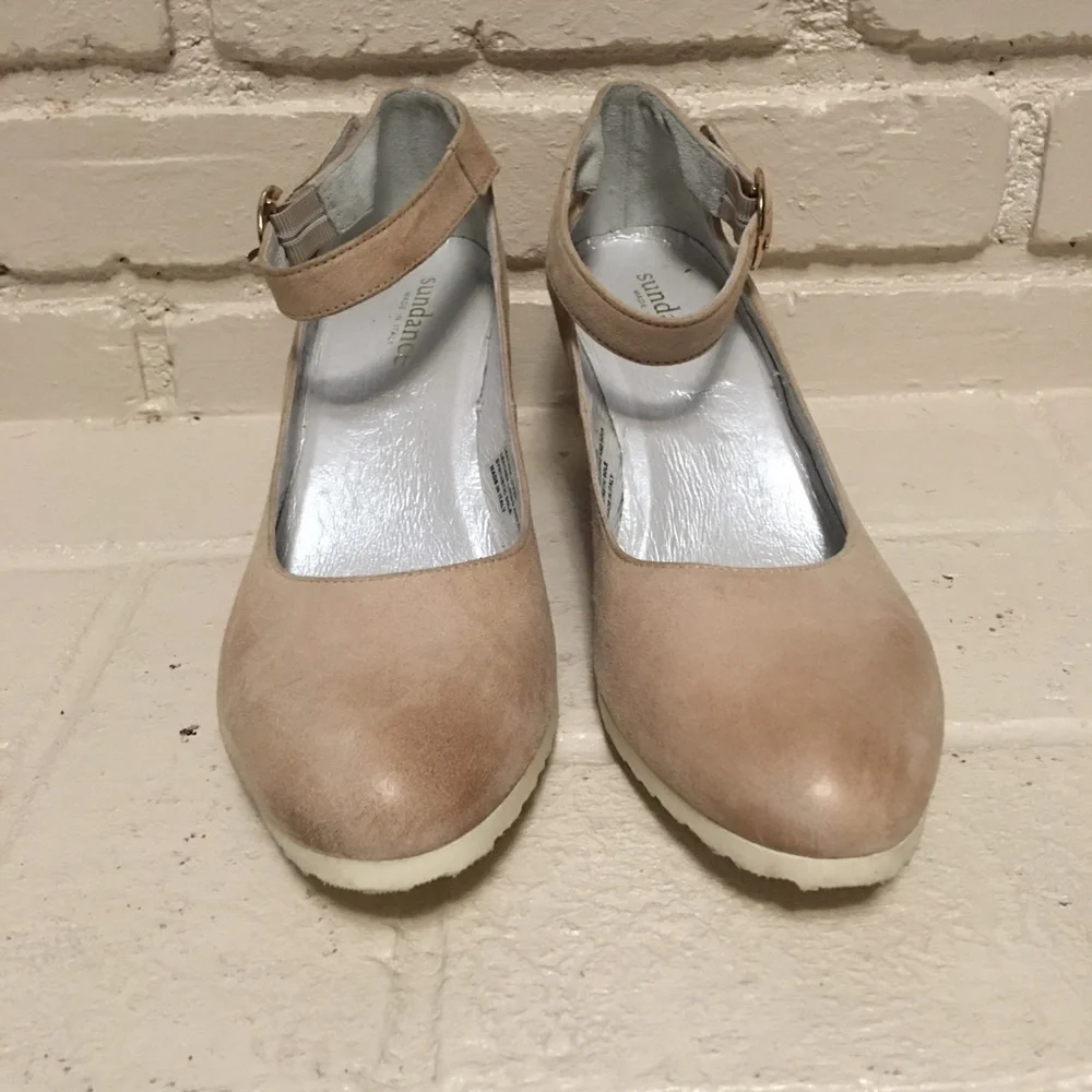 Ankle-Strap Nude Wedge Pumps